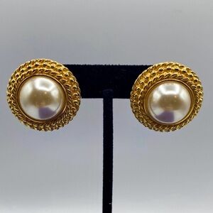 Gold Tone Huge Pearl Dome Earrings